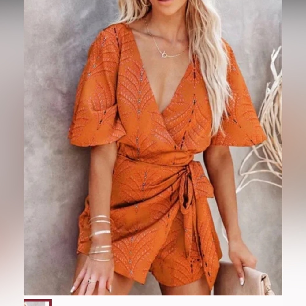 NEW Orange Plunge Tie Waist Boho Bathing Suit Coverup Romper Size Small